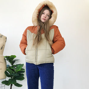 Vintage 70's Faux Fur Hood Puffer Jacket L04